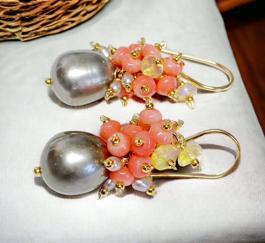 Pearl and Coral Cluster Earrings with Opals