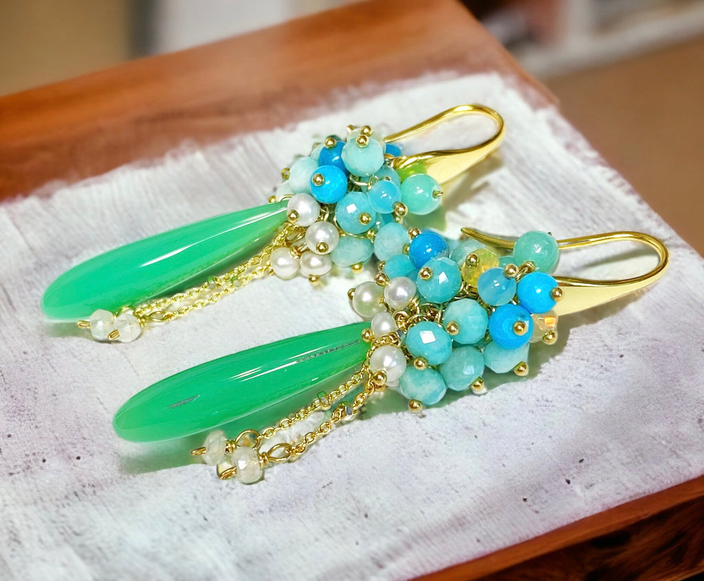 Green, Turquoise, Opal, Amazonite, Pearl Cluster Earrings Gold