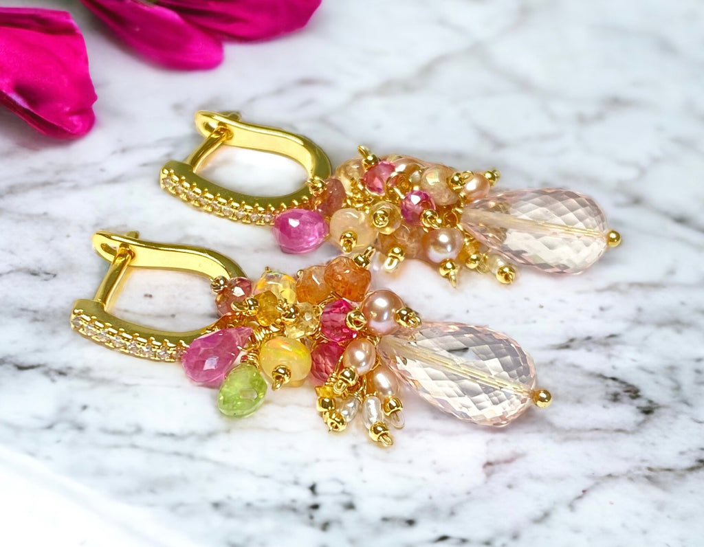 Pink Rose Quartz Briolette Multi Gemstone Cluster Earrings Gold Fill