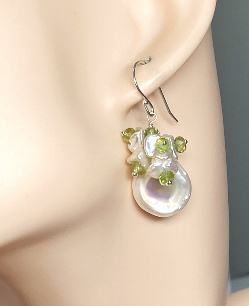 Keishi Pearl and Peridot Gemstone Cluster Earrings