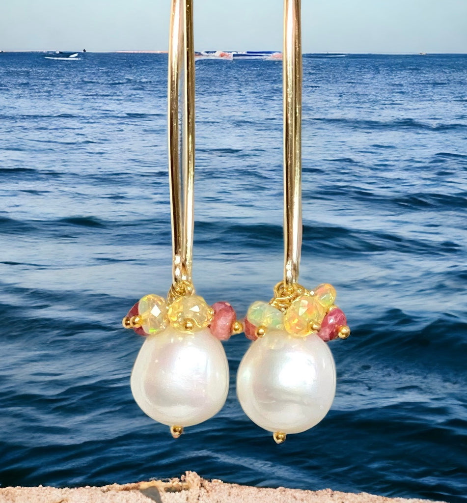 Ruby and Opal Cluster Long Pearl Earrings