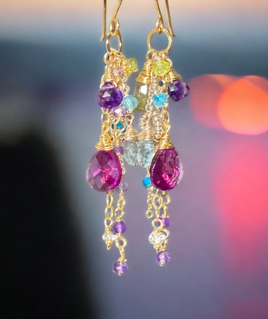 Gold fill gem dangle earrings with moss aquamarine, violet quartz and more