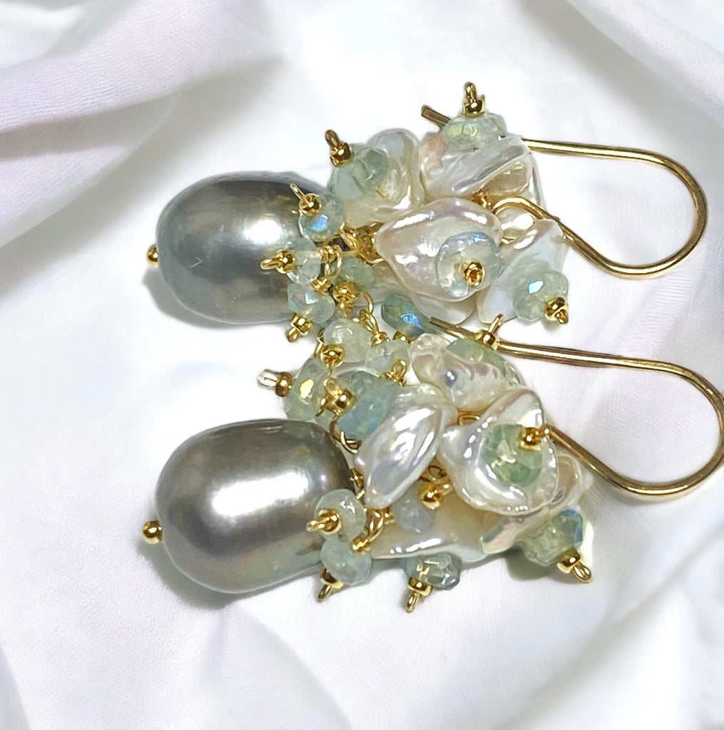 Silver Grey Pearl and Keishi Pearl Cluster Earrings with Aquamarine