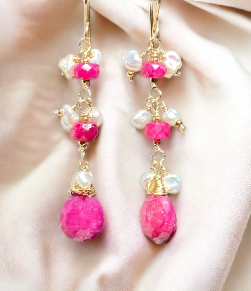 ruby briolette and rondelle dangle earrings in gold fill