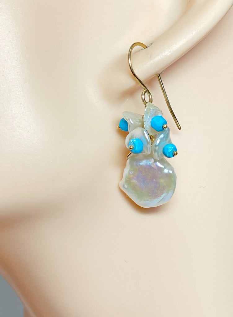 Keishi Pearl Turquoise Cluster Wedding Earrings