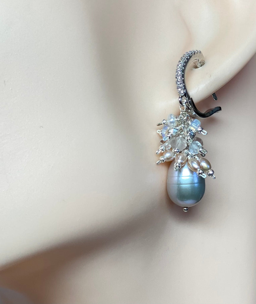 Silver Gray Pearl Earrings with Opal Clusters Sterling Silver