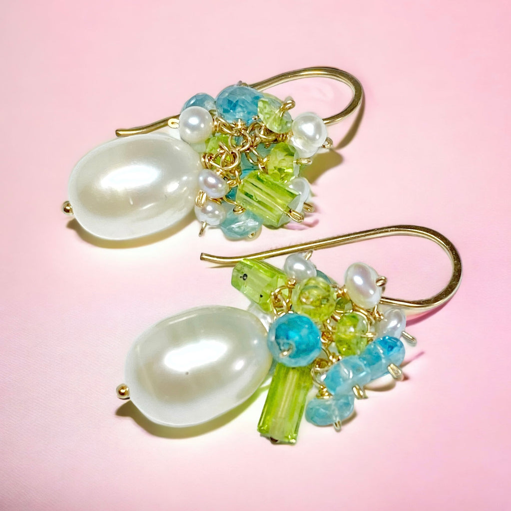 Pearl and Peridot, Blue Zircon Cluster Earrings Gold Fill