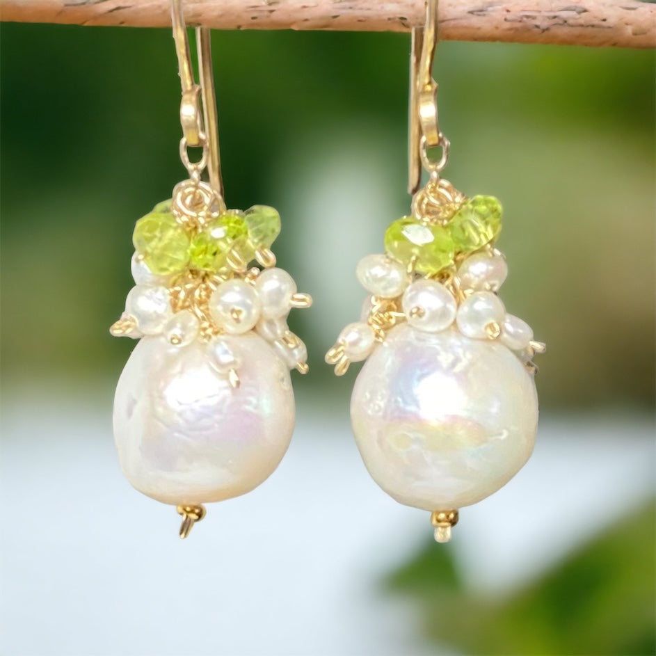 Peridot and Edison Pearl Cluster Earrings, Gold Fill, Rose Gold, Sterling Silver