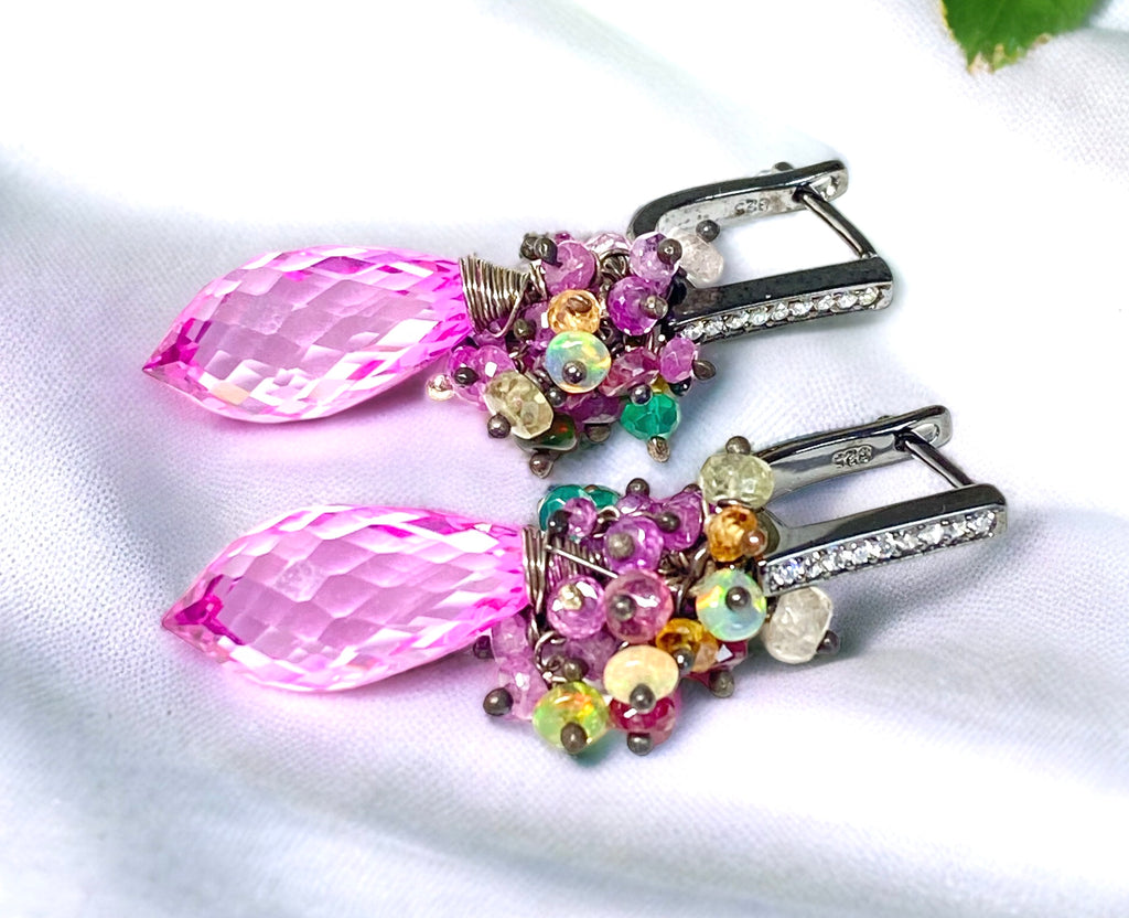 Pink Topaz and Opal Sapphire Cluster Earrings in Oxidized Silver - Doolittle