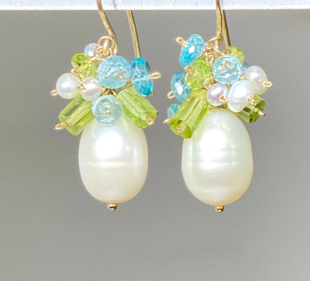 Pearl and Peridot, Blue Zircon Cluster Earrings Gold Fill