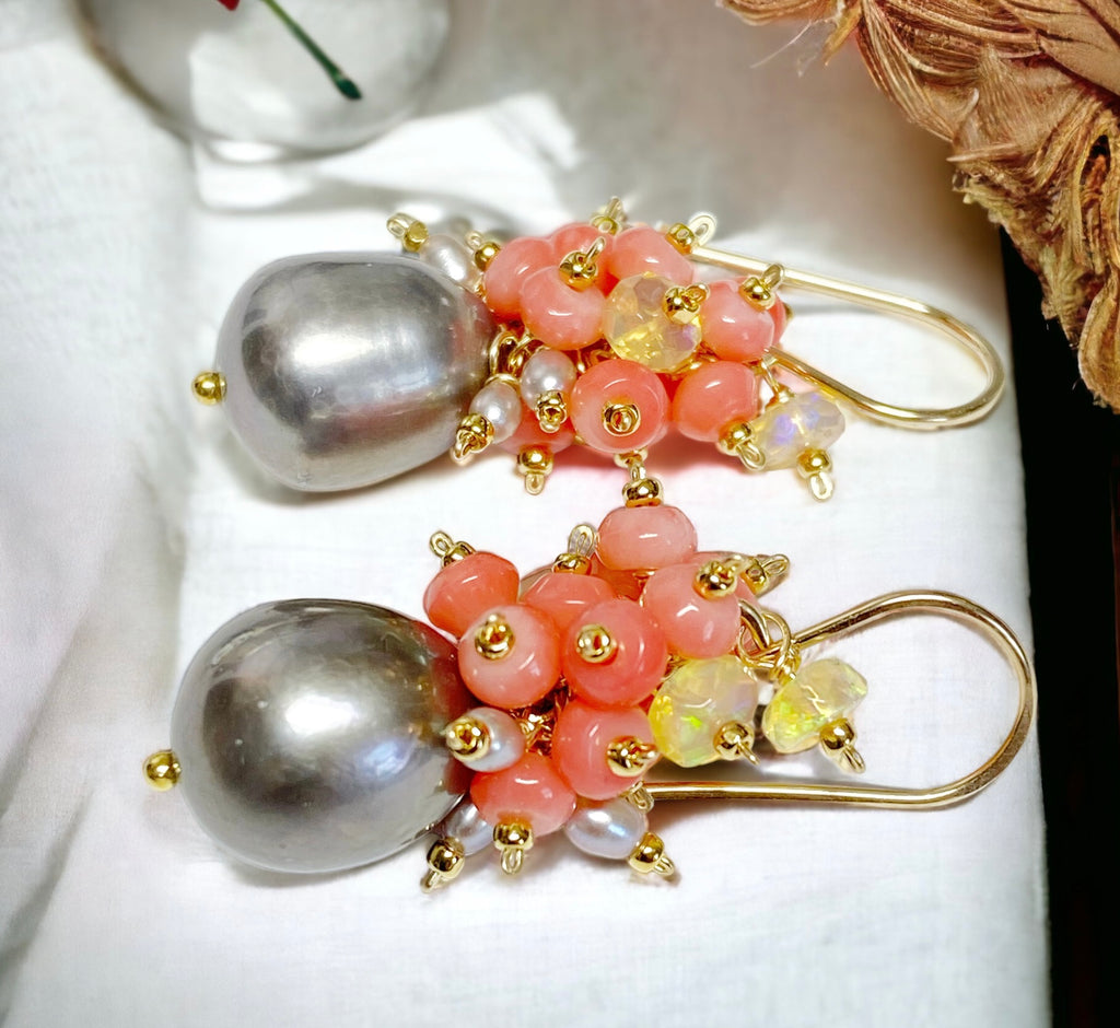 Pearl and Coral Cluster Earrings with Opals