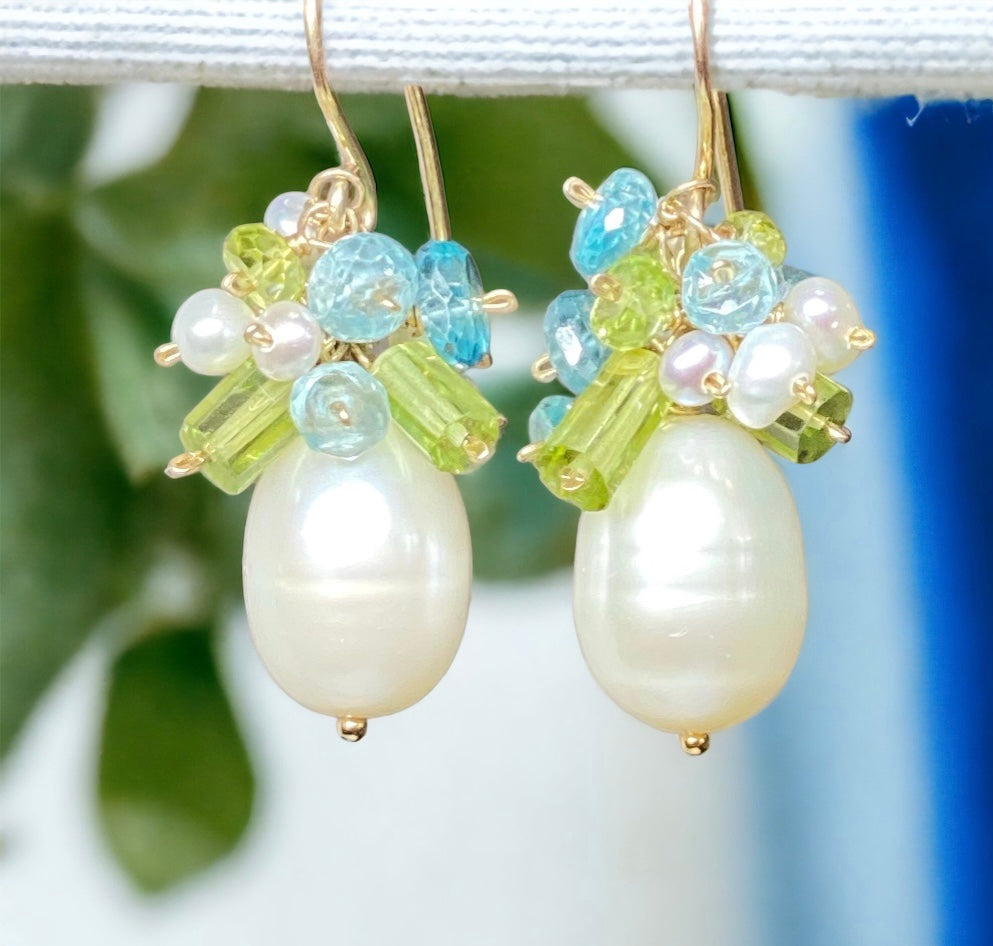 Pearl and Peridot, Blue Zircon Cluster Earrings Gold Fill