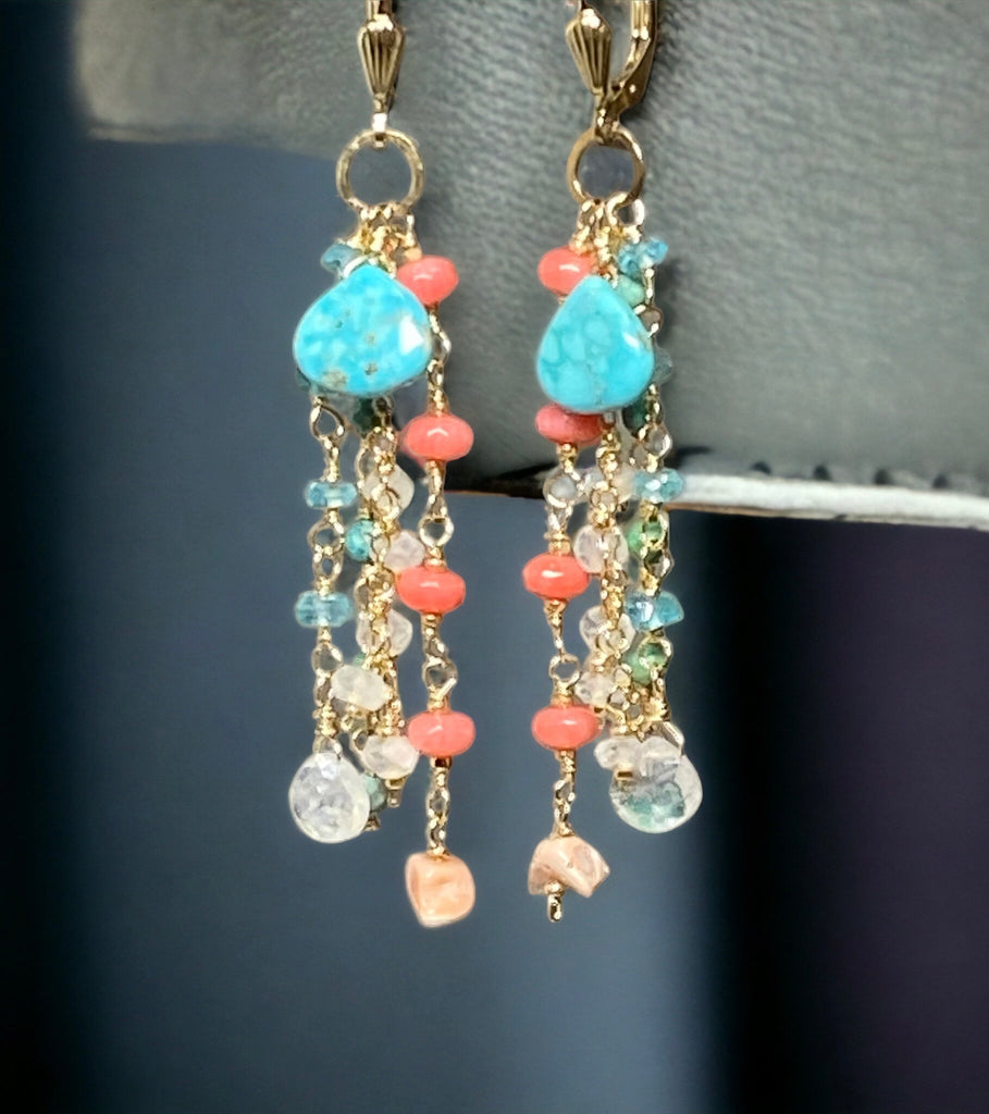 Kingman Turquoise, Coral, Moonstone Gemstone Dangle Earrings
