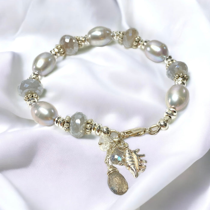 Grey Mystic Moonstone and Silver Gray Pearl Bracelet Sterling Silver