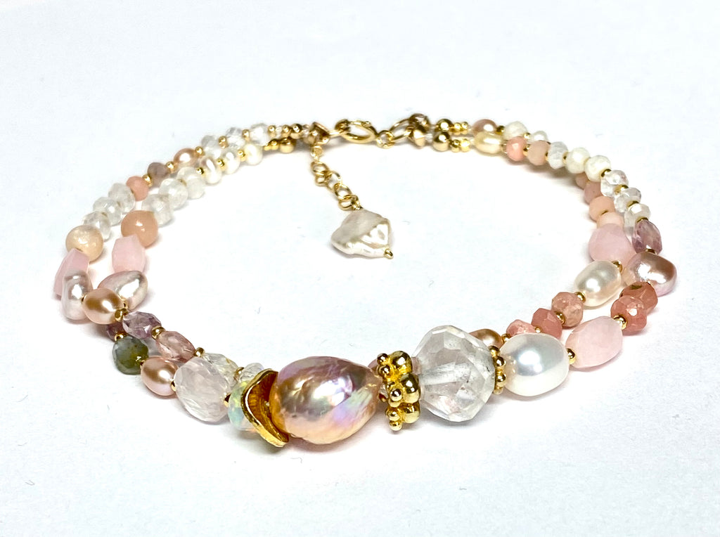 Pink Gemstone and Pearl Knotted Bracelet for Women