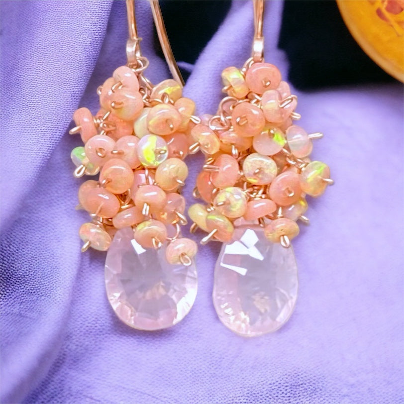 Pink Blush Opal Cluster Earrings Rose Quartz Concave Cut Briolettes