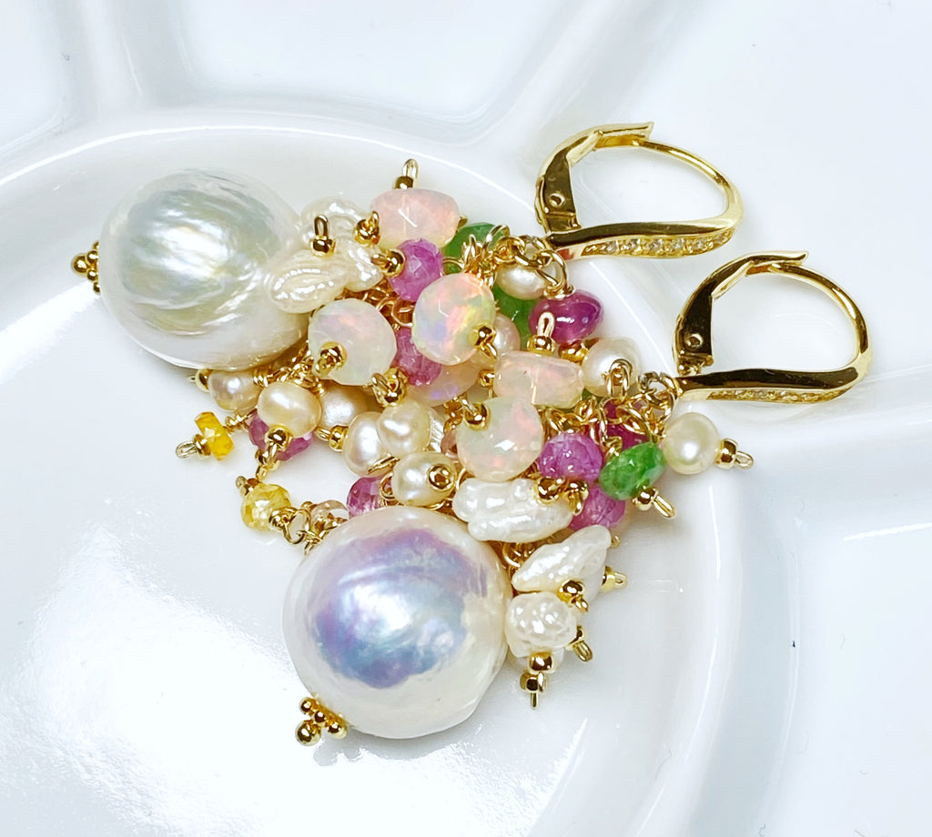 Baroque Edison Pearl and Opal Statement Earrings with Sapphire, Tsavorite