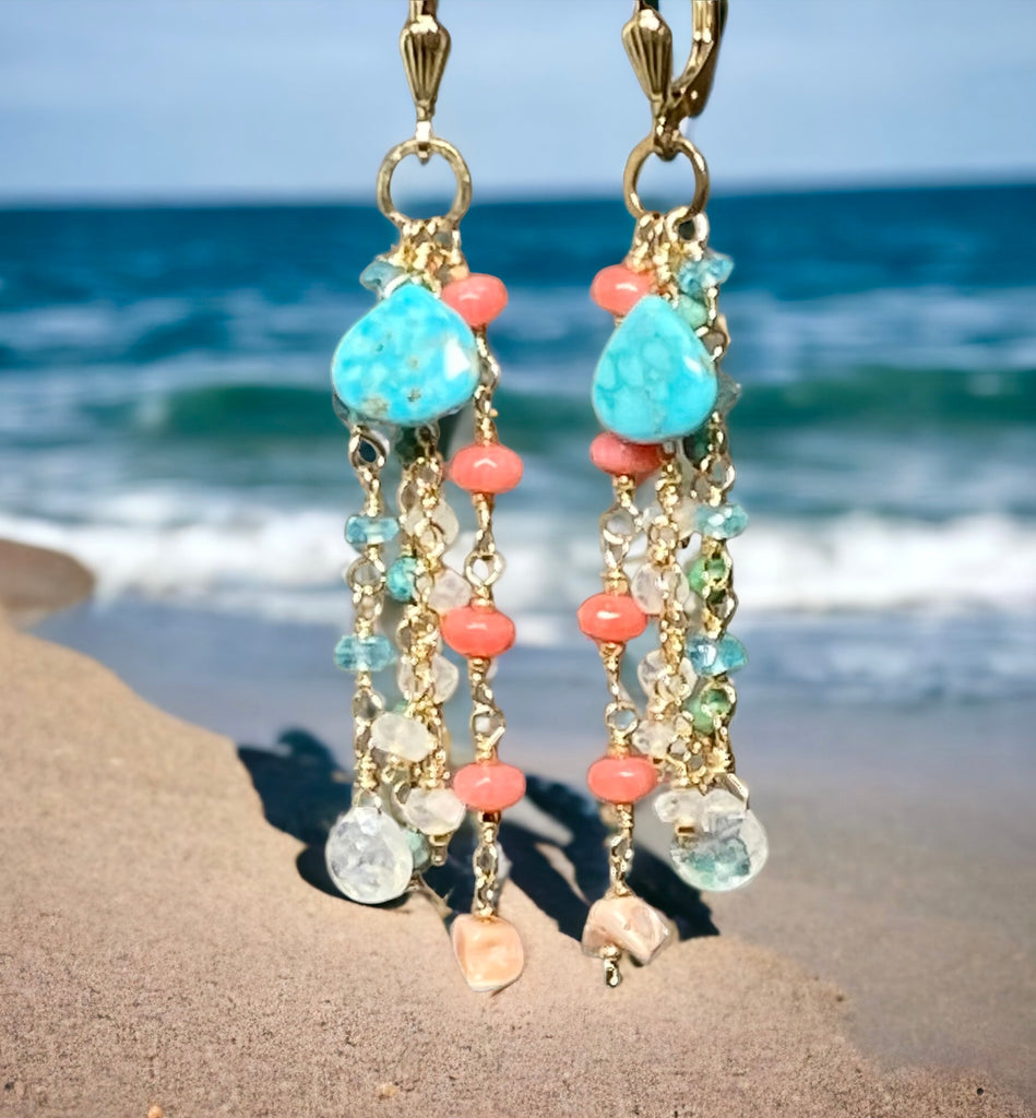 Multi gemstone dangle earrings with Kingman turquoise, pink coral, apatite, rainbow moonstone on gold filled chains and wires