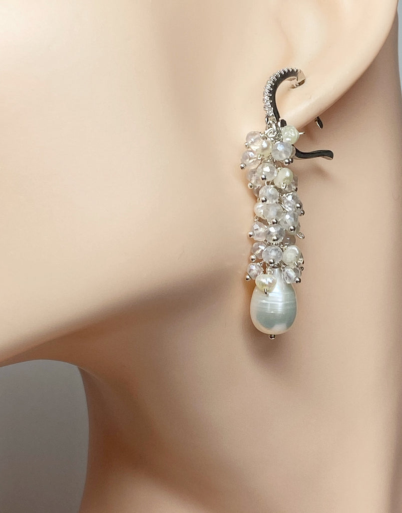 elegant long pearl and mystic quartz earrings sterling silver