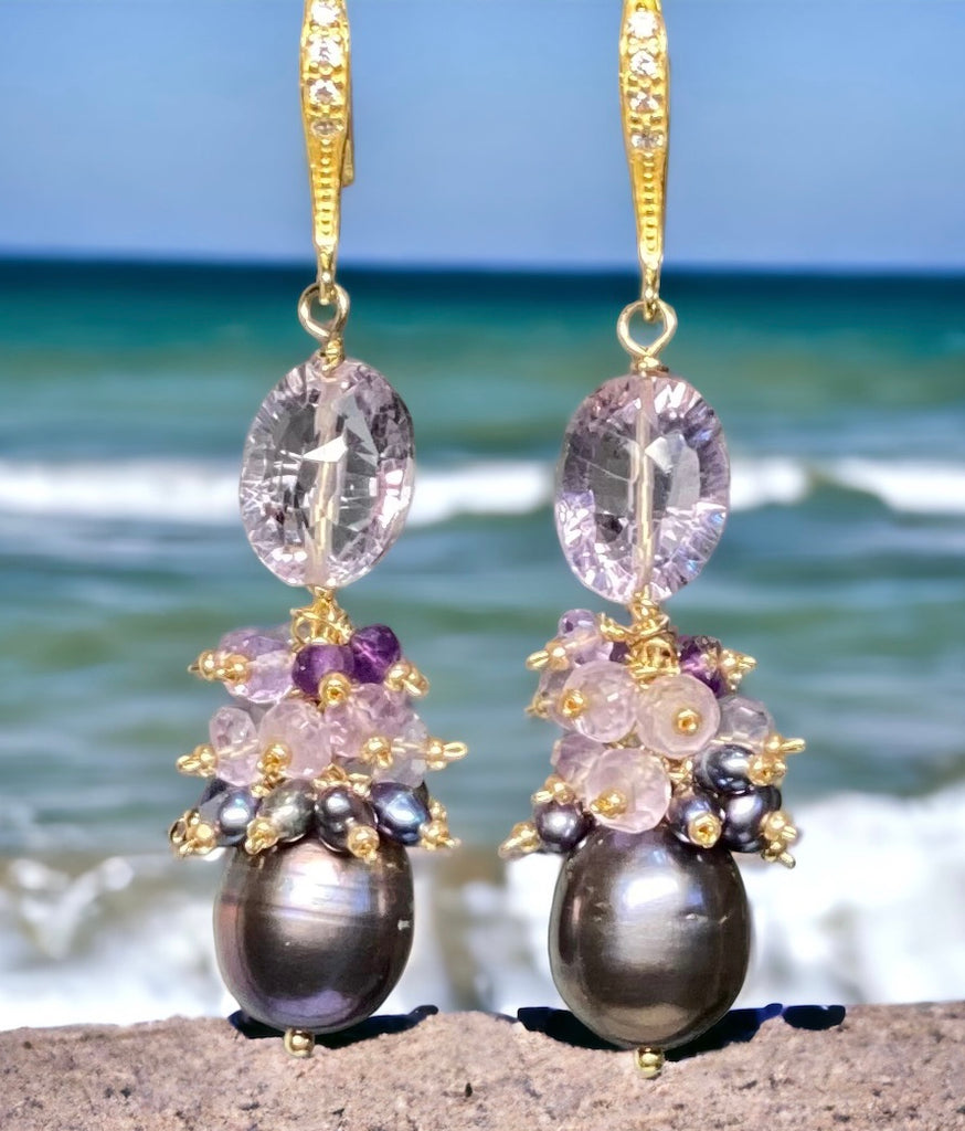 Amethyst Cluster Peacock Baroque Pearl Earrings Gold