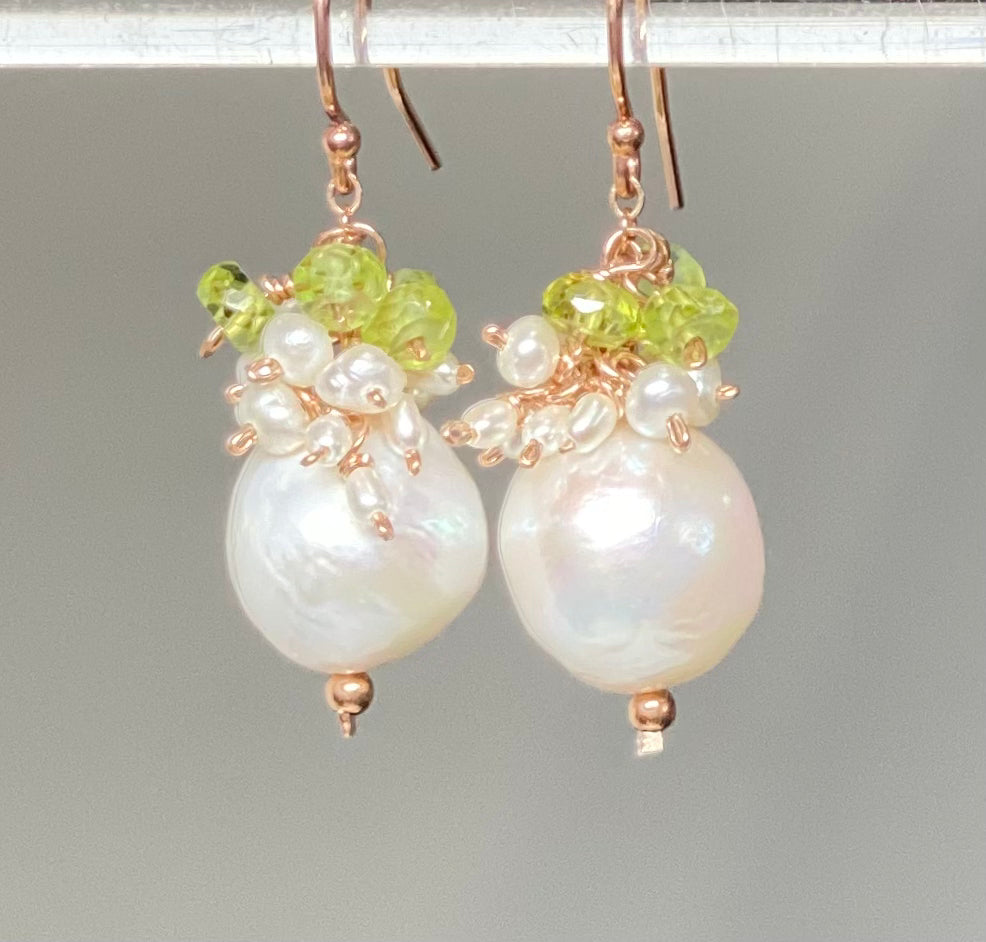 Peridot and Edison Pearl Cluster Earrings, Gold Fill, Rose Gold, Sterling Silver