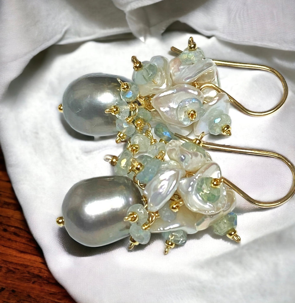 Silver Gray Pearl and Keishi Pearl Cluster Earrings with Aquamarine