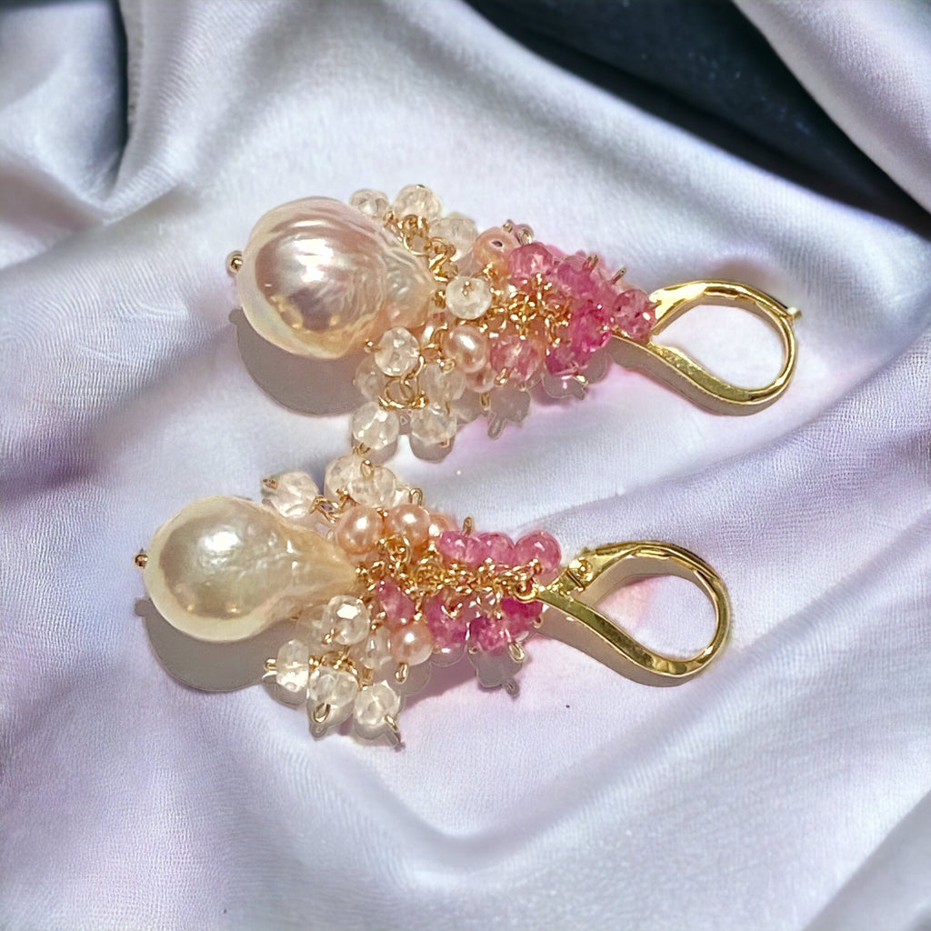 Blush Baroque Pearl Earring Pink Sapphire Gem Cascade Wedding Earrings