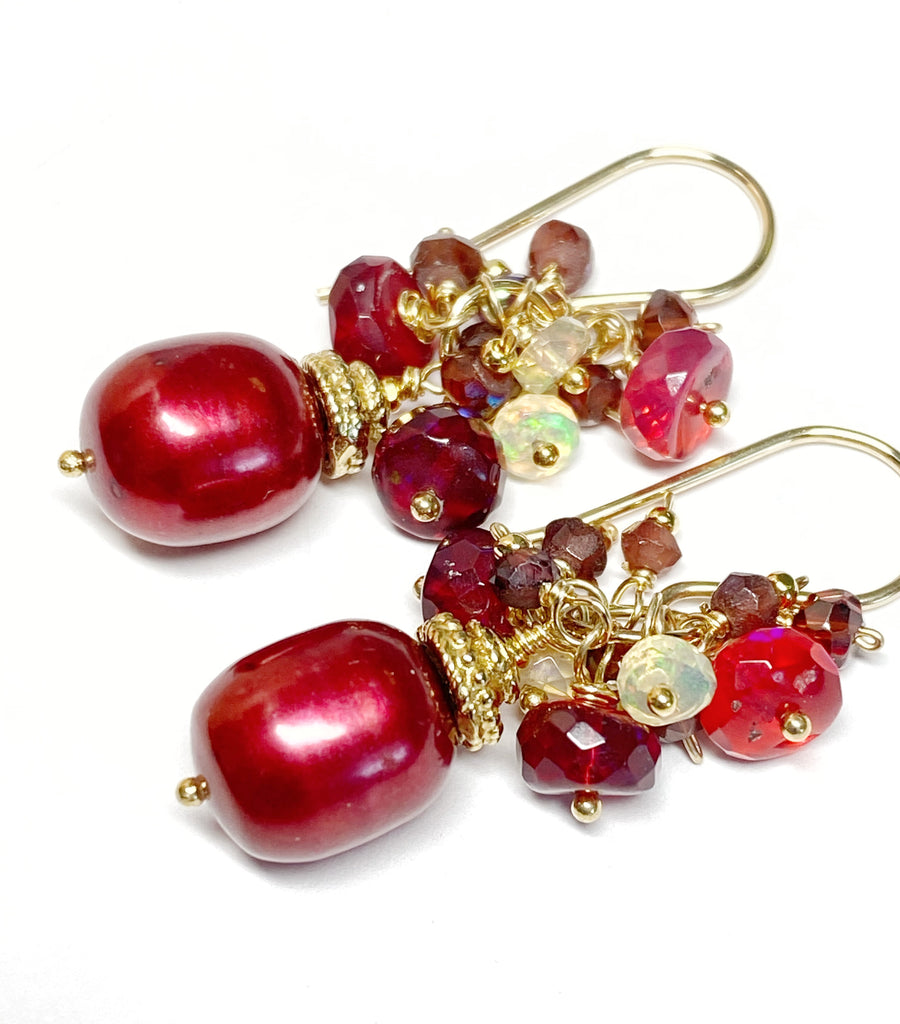 Red Pearl, Opal and Garnet Long Cluster Earrings Gold