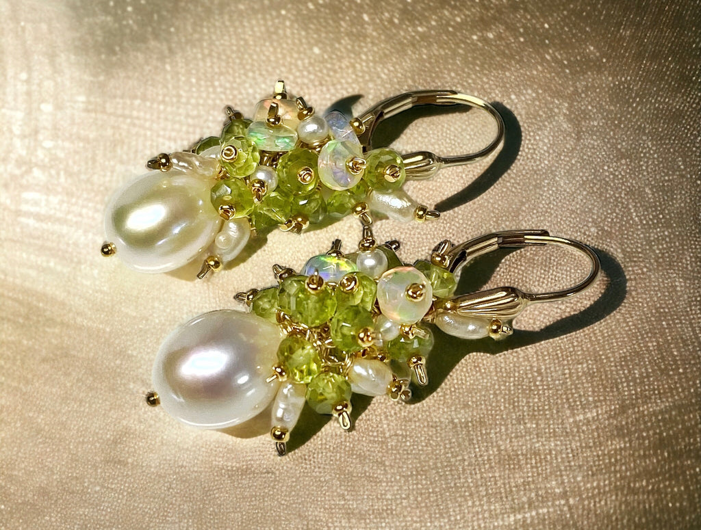 Peridot, Opal, Pearl Cluster Earrings Gold Fill