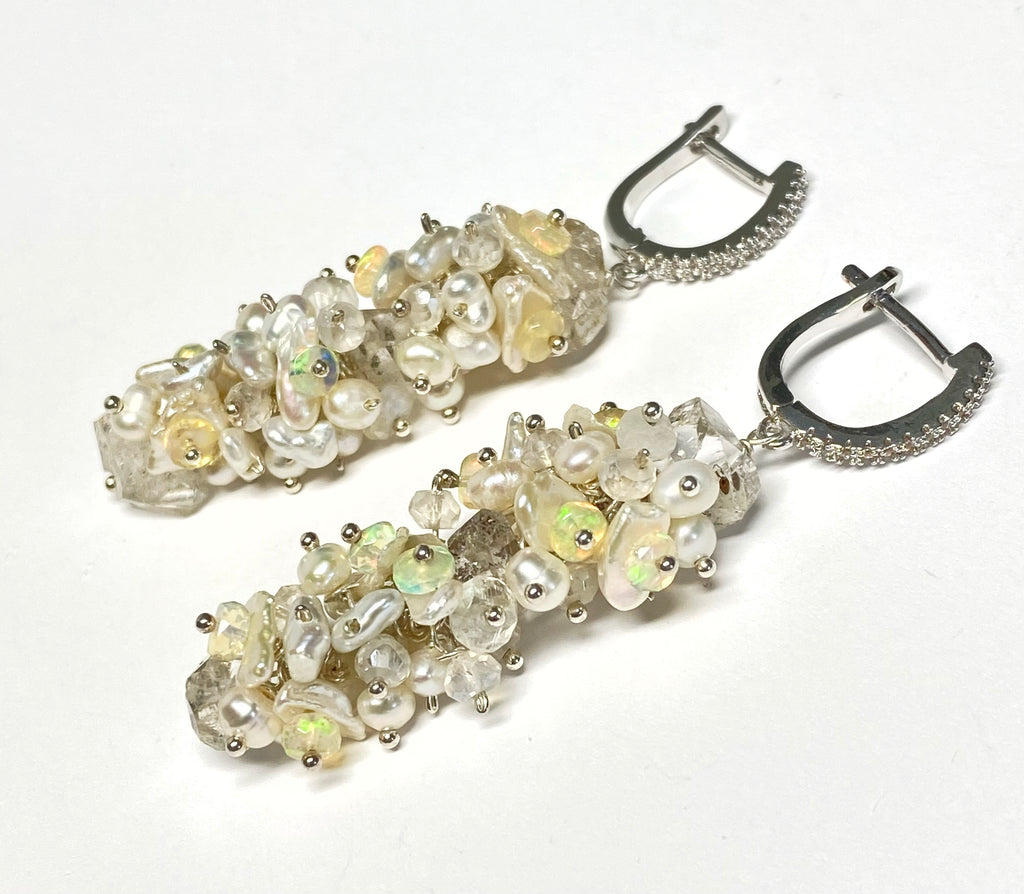 Herkimer Diamond Welo Ethiopian Opal Cluster Earrings Sterling Silver