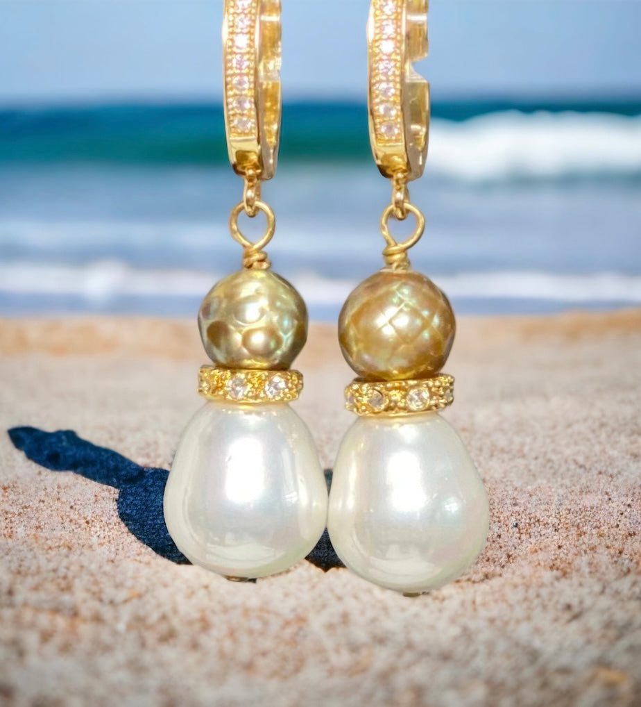 Gold Laser Faceted Pearl Earrings