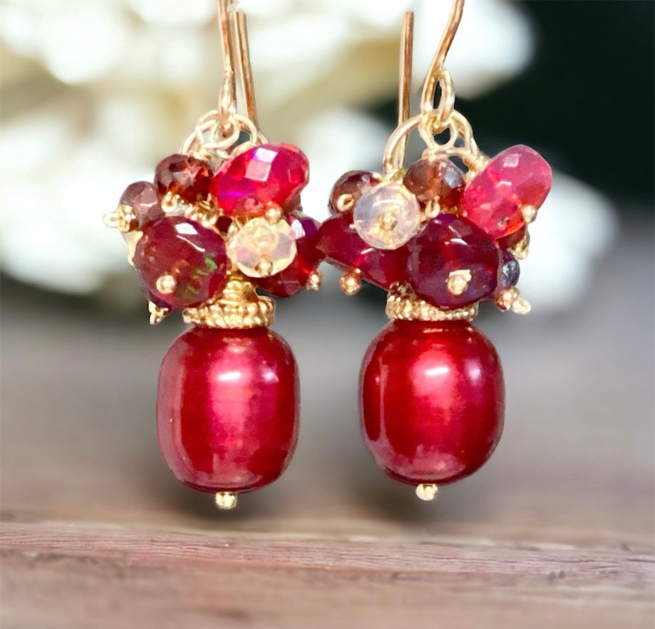 red pearl earrings with red and white opal clusters, red garnet