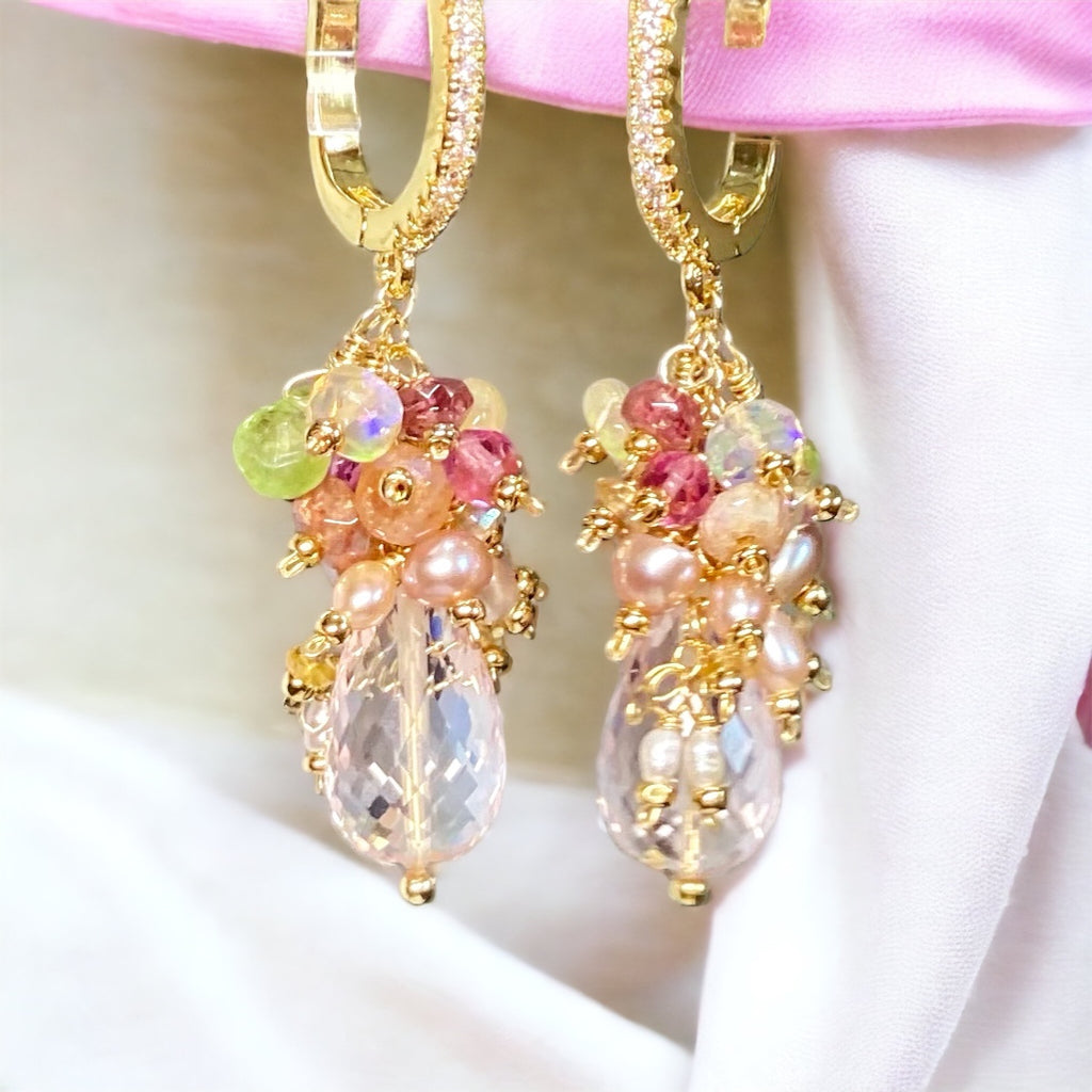 pink gemstone and pearl multicolor cluster earrings gold fill