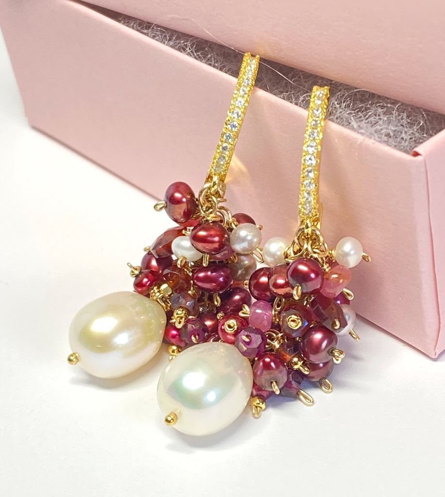 Creamy pearl earrings with clusters of red garnets, red pearls , white pearls and pink sapphires on Gold Fill