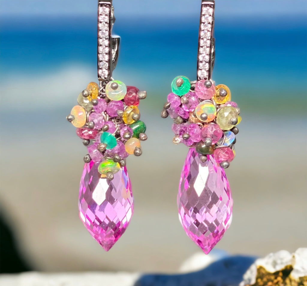 Pink Topaz and Opal Sapphire Cluster Earrings in Oxidized Silver - Doolittle