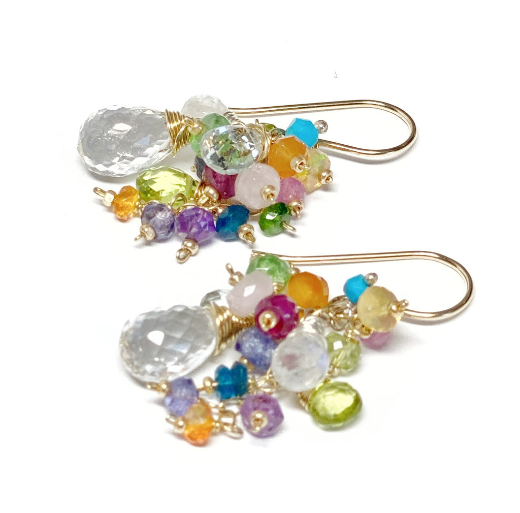 Crystal Quartz Dangle Earrings with Multi Gemstone Cluster