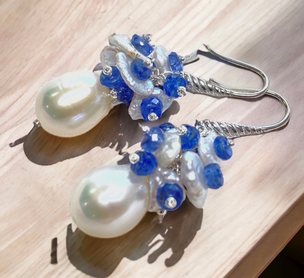 Pearl and Blue Gem Kyanite Cluster Earrings Sterling Silver