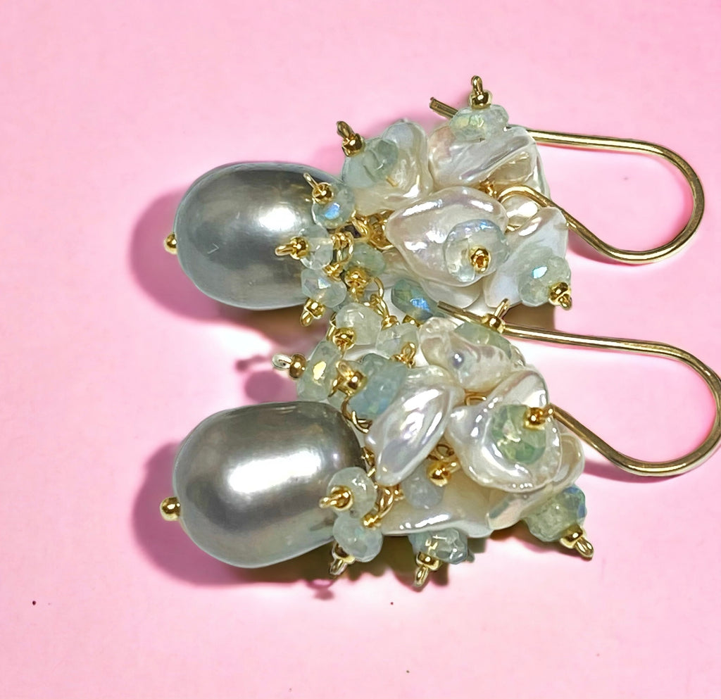 Silver Gray Pearl and Keishi Pearl Cluster Earrings with Aquamarine