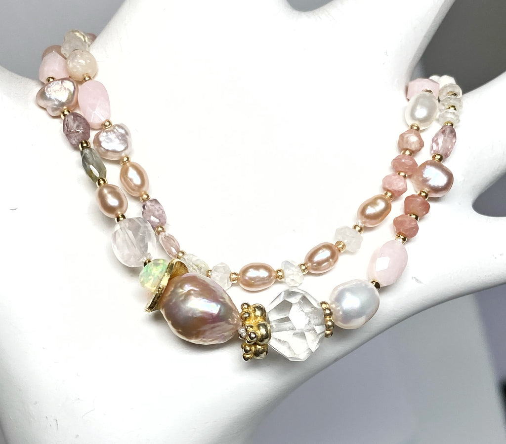 Pink Gemstone and Pearl Knotted Bracelet for Women