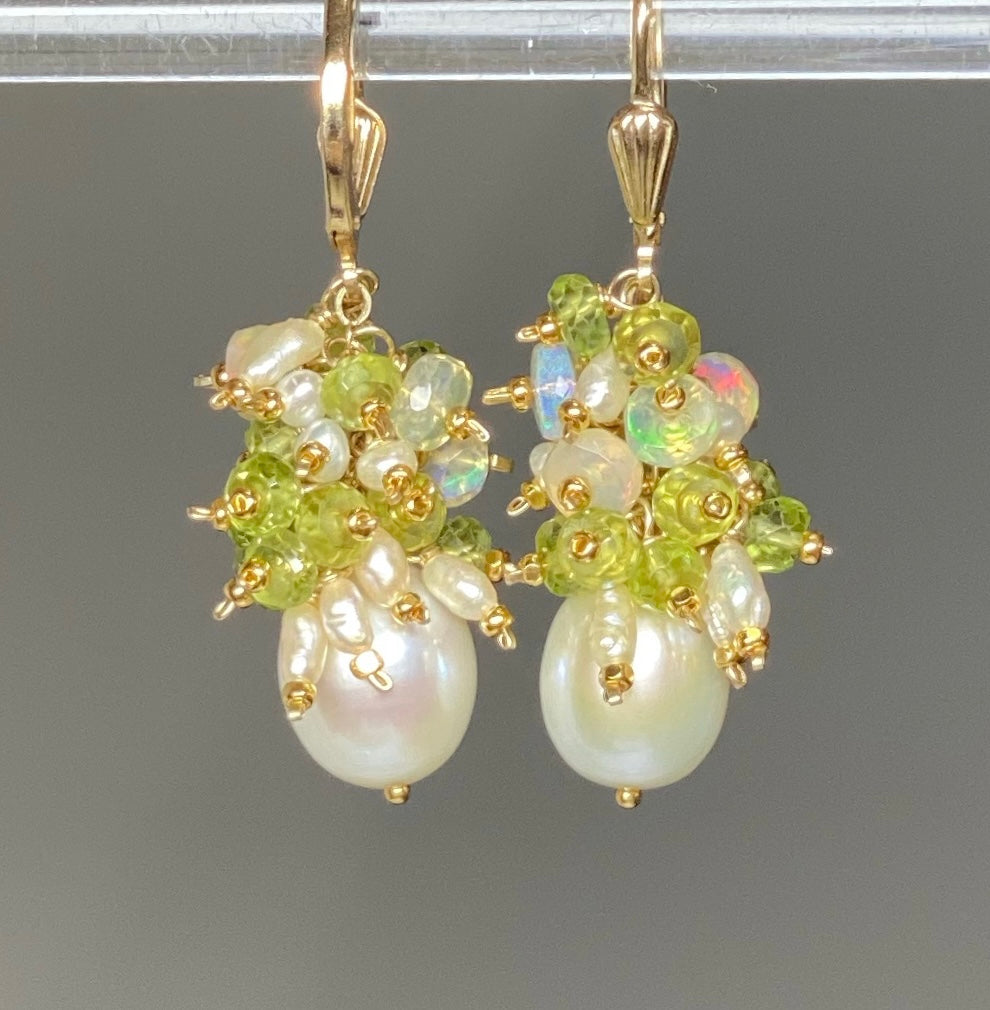 Peridot, Opal, Pearl Cluster Earrings Gold Fill