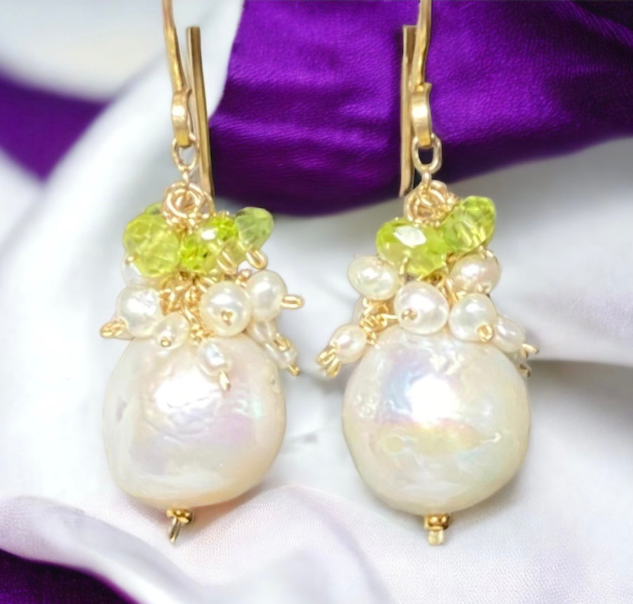 Peridot and Edison Pearl Cluster Earrings, Gold Fill, Rose Gold, Sterling Silver