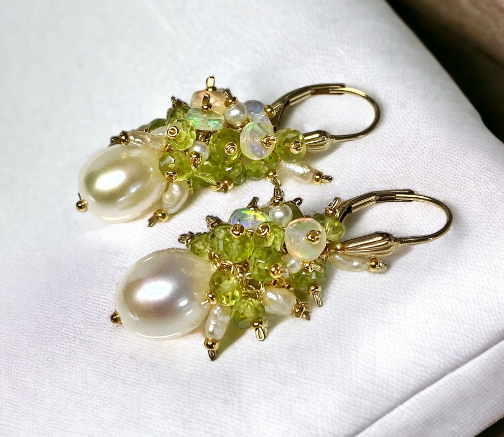 Peridot, Opal, Pearl Cluster Earrings Gold Fill