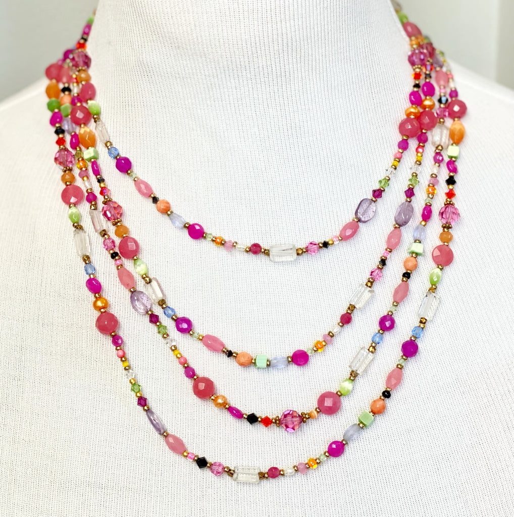 Summer Pink, Lavender Gemstone and Crystal Multi Strand Necklace