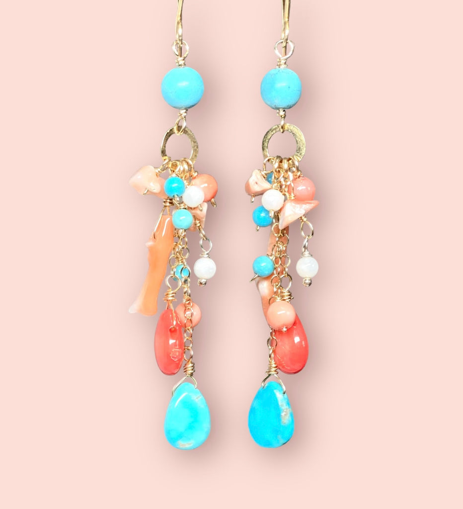 Turquoise Coral Long Gold Boho Dangle Earrings