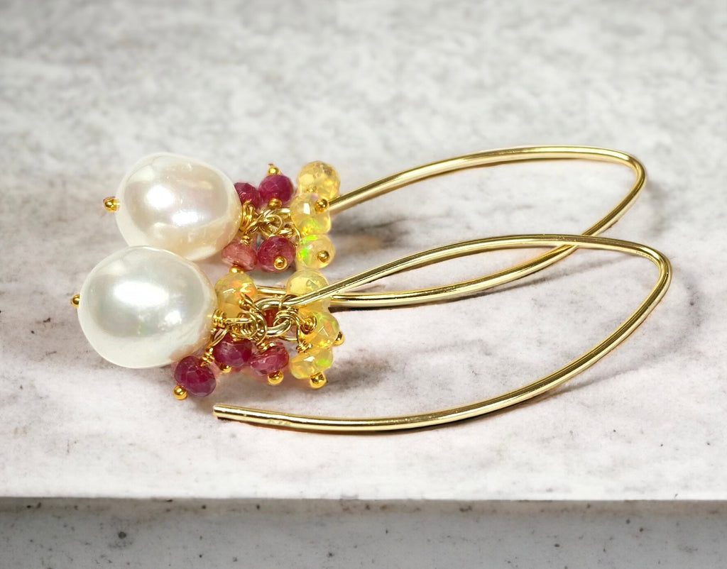 Ruby and Opal Cluster Long Pearl Earrings