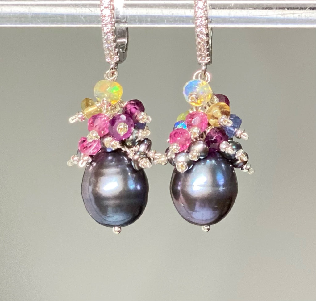Black Peacock Pearl Earrings with Gemstone Clusters in Sterling Silver
