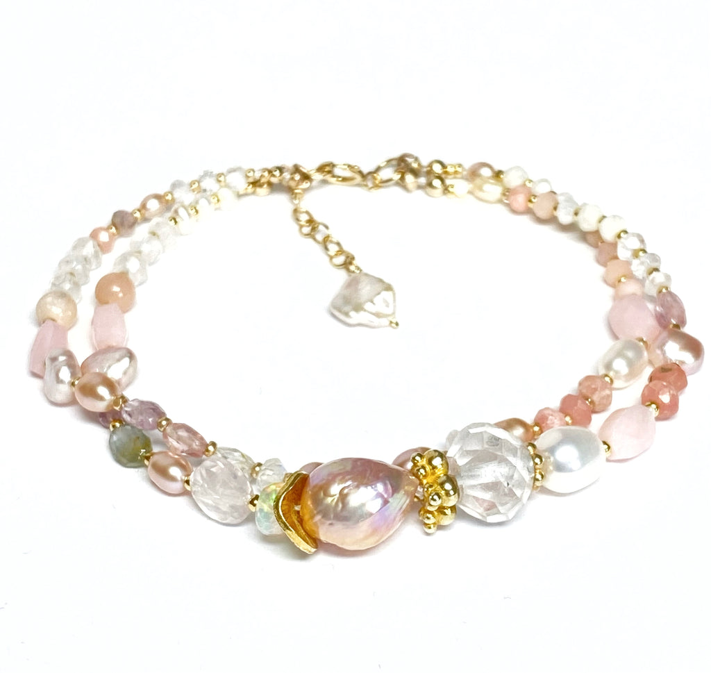 Pink Gemstone and Pearl Knotted Bracelet for Women