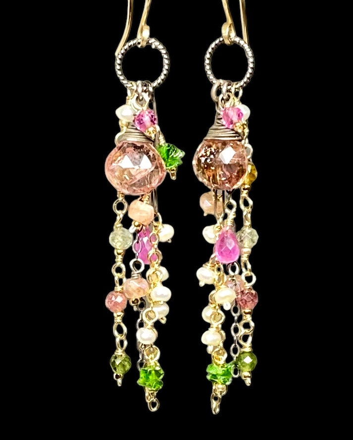 Pastel Tourmaline Gemstone Mixed Metal Long Boho Dangle Earrings