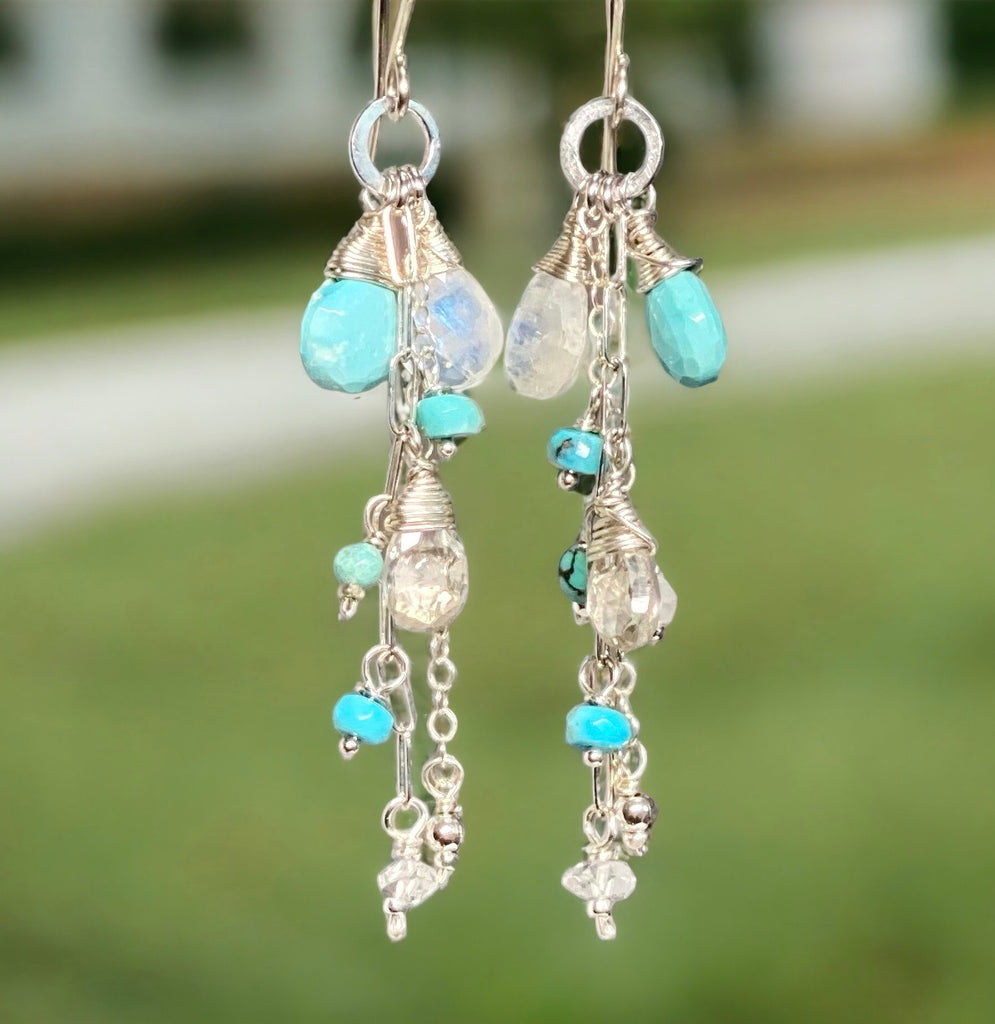 Sleeping Beauty turquoise and moonstone sterling silver long boho dangle earrings