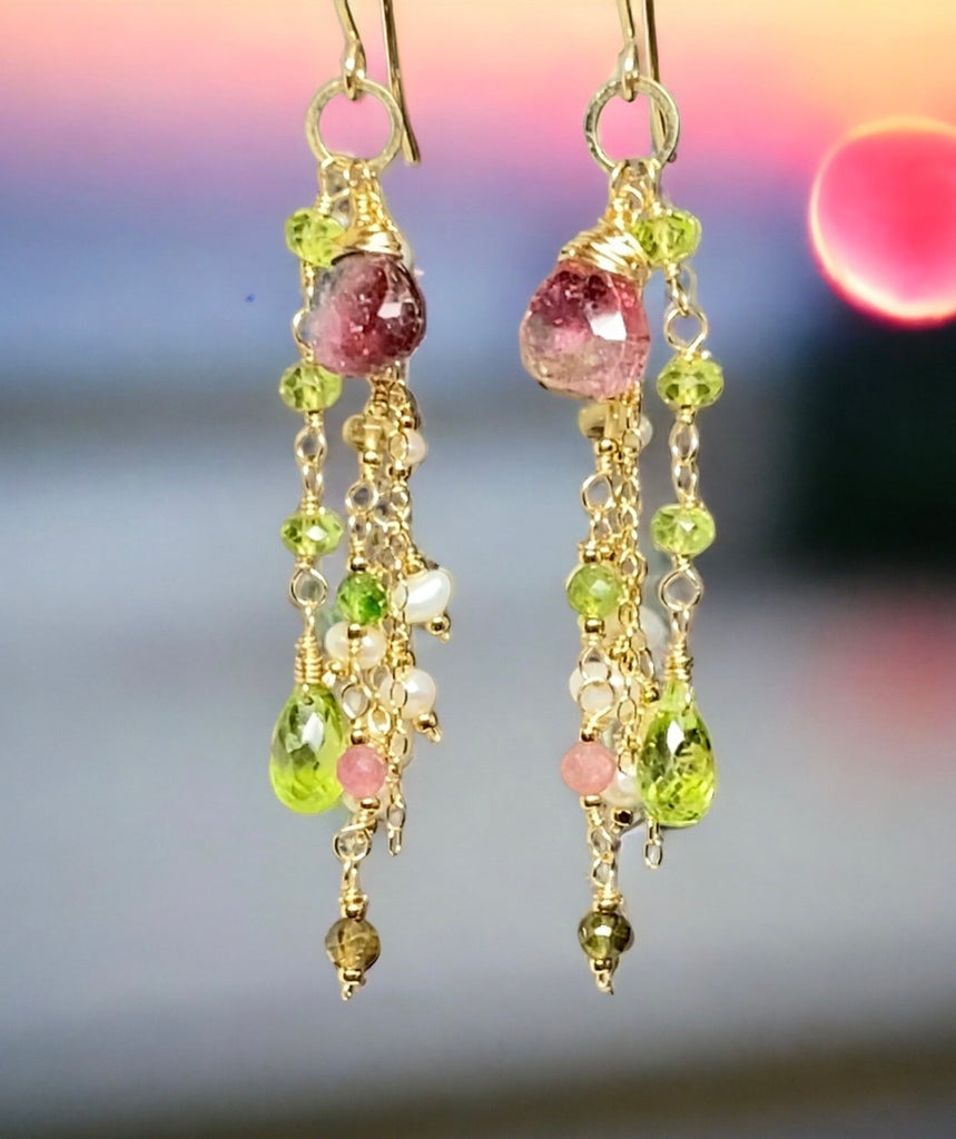 watermelon tourmaline earrings with wire wrapped peridot gemstone dangles and more tourmaline and pearl dangles